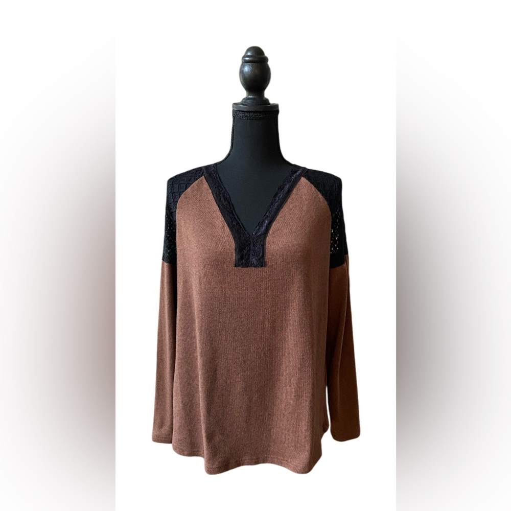 Brown and Black V-Neck Lace V Neck Long Sleeve Raglan Casual Sweater